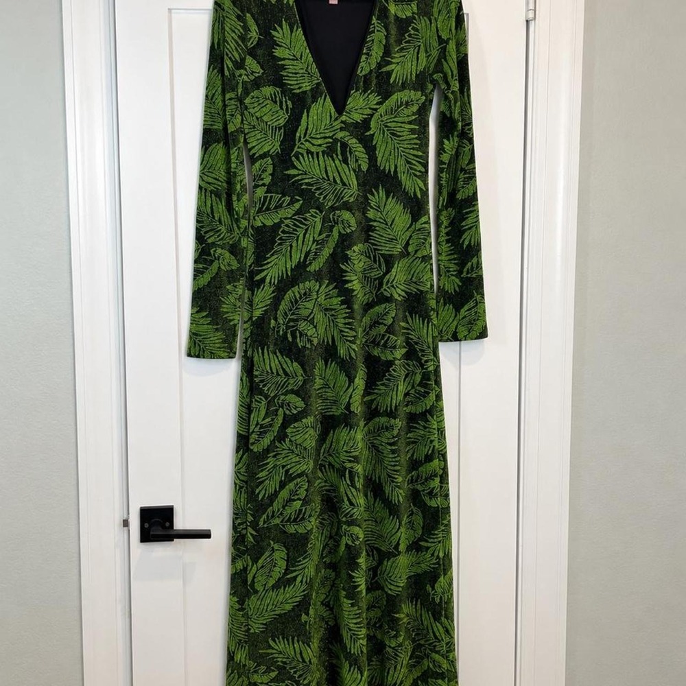 MUMU Green Metallic Tropical Leaf Maxi Dress